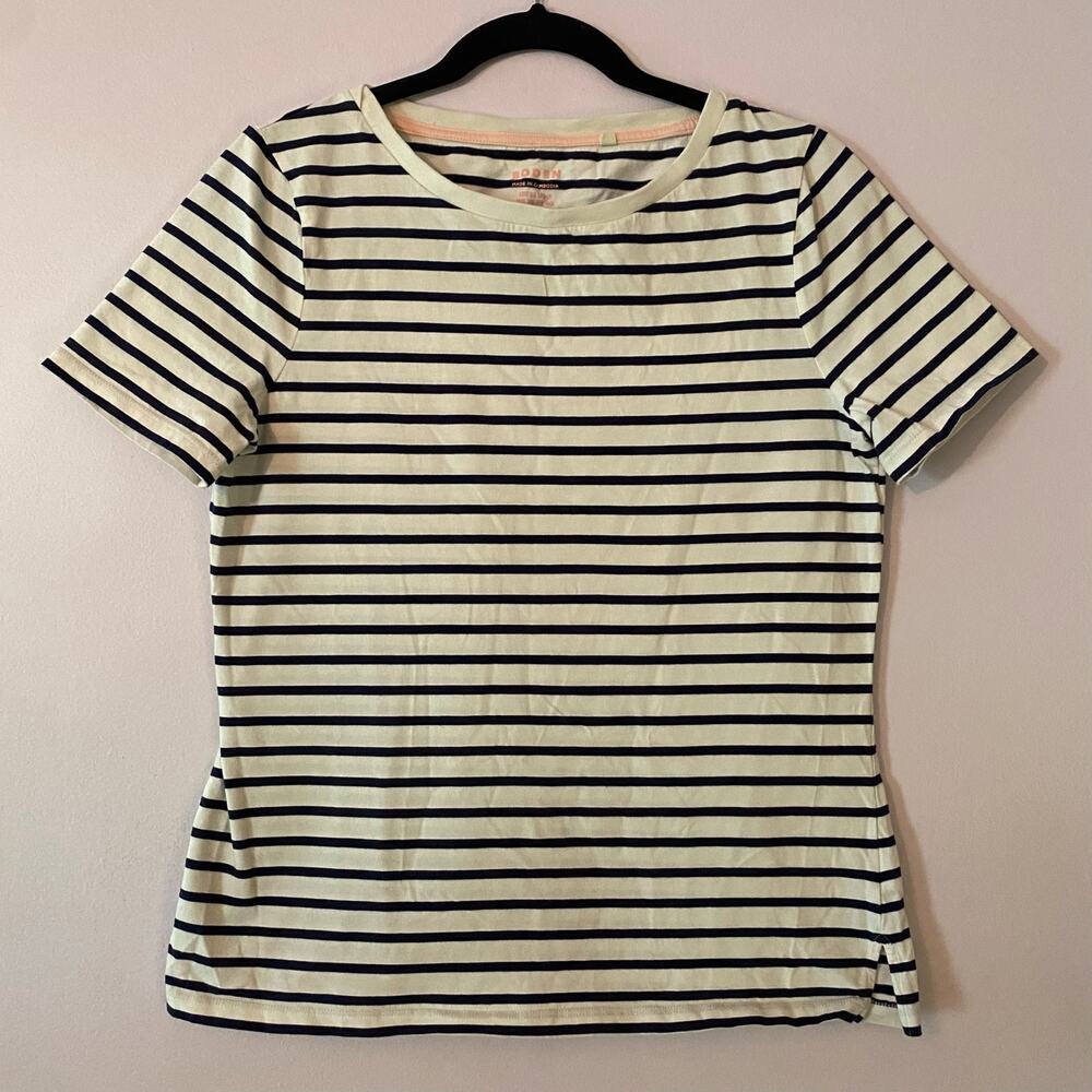 Boden Blue White Stripe Short Sleeve Tee Boxy Cotton Minimalist Women's size 8